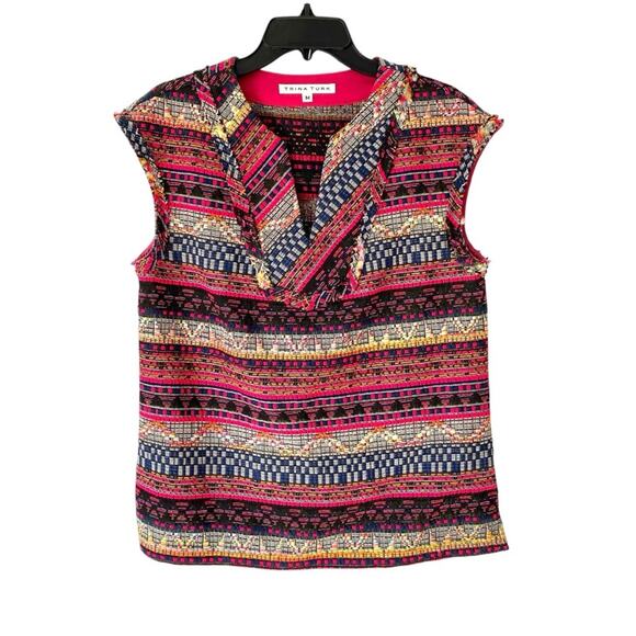 Trina Turk Yuba Cap Sleeve Woven Top size medium Pink Black Blue